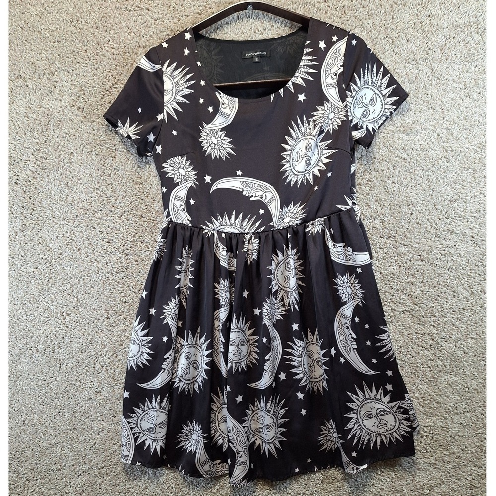 HAOYOUDUO Dress Womens S Black Celestial Sun Moon Star Witchy Whimsigoth Boho